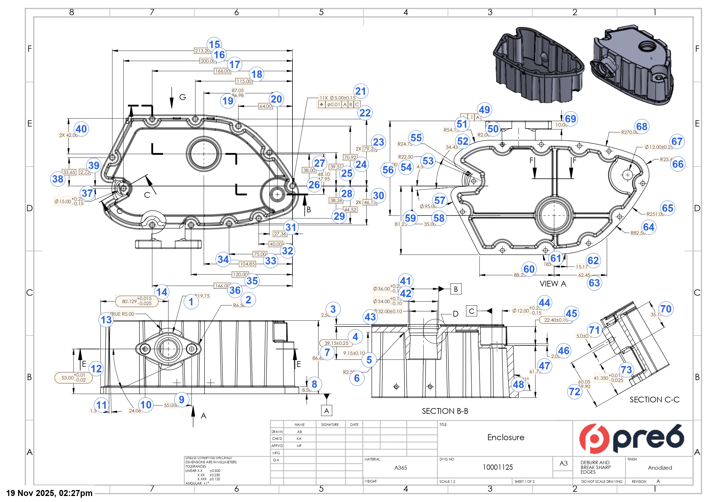 Digitized engineering drawing with balloons and redactions